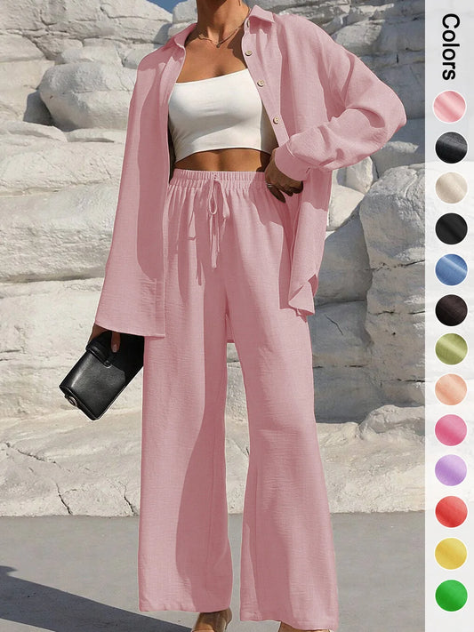 Women's Solid Button Front Shirt & Tie Front Wide Leg Pants Two-piece Set, Casual Drop Shoulder Long Sleeve Blouse Top & Trouser