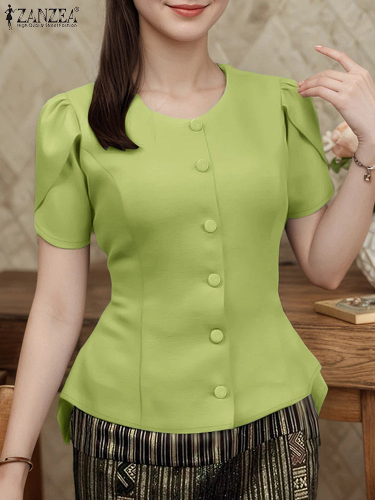 ZANZEA Women Fashon Asymmetrical Hem Shirts 2025 Summer O-Neck Button Up Fitted Waist Chemises Femme Office Streetwear Tops