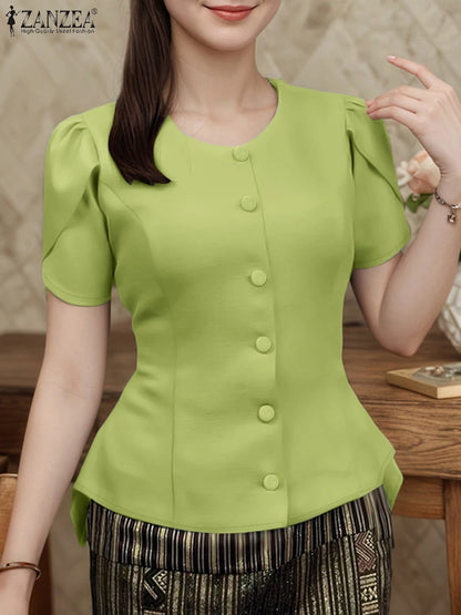 ZANZEA Women Fashon Asymmetrical Hem Shirts 2025 Summer O-Neck Button Up Fitted Waist Chemises Femme Office Streetwear Tops
