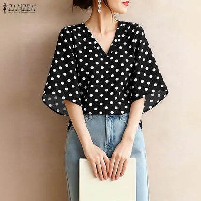 ZANZEA Woman Elegant Half Bell Sleeves Blouses Vintage Polka Dot V-Neck Loose Tops 2026 Summer Vacation Casual Blusas de Mujer