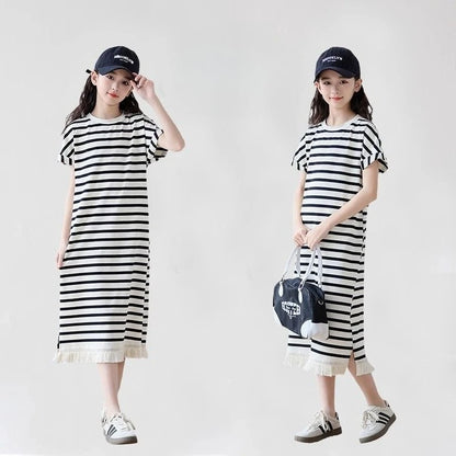 Casual Dress Short Sleeve Striped T-shirt Skirt Sunday Luxury Girl Frock for Girls 2025 Summer Clothes Girls' Beach Dresses Kids