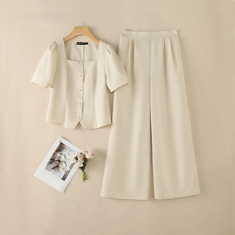ZANZEA Summer 2 Pieces Sets 2PCS Women OL Work Outfits Square Neck Short Sleeve Blouse Wide Leg Pant Sets Solid Color Tracksuit