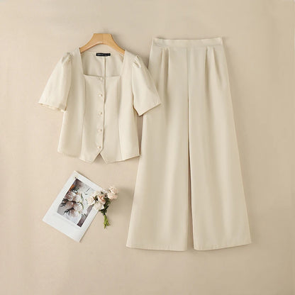 ZANZEA Summer 2 Pieces Sets 2PCS Women OL Work Outfits Square Neck Short Sleeve Blouse Wide Leg Pant Sets Solid Color Tracksuit