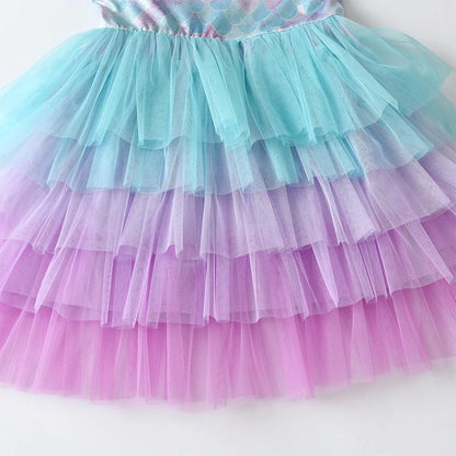VIKITA Kids Pastel Ombre Lavender Mermaid Print Beach Vacation Dress Girls Sleeveless Summer Gradient Layered Party Tutu Dresses