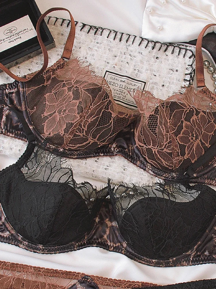 Sexy lace thin bra set female leopard underwear panties eyelash lingerie comfortable steel ring thin bras