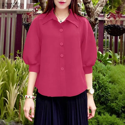 ZANZEA Woman Summer 3/4 Lantern Sleeves Shirts Turn-Down Collar Button Up Tops Casual Daily Wear Solid Color Chemises Femme