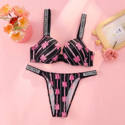 Victoria's Secret Push Up Bra And Panties Set For Women Rhinestone Logo Shoulder Straps Lace Underwear Sexy Lingerie Set