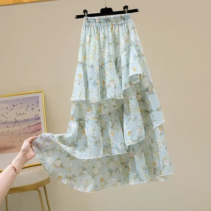 Hot Sale Floral Skirt Women New Summer 2025 Sweet Ruffled A-line Chiffon Long Skirt Woman Korean Clothing