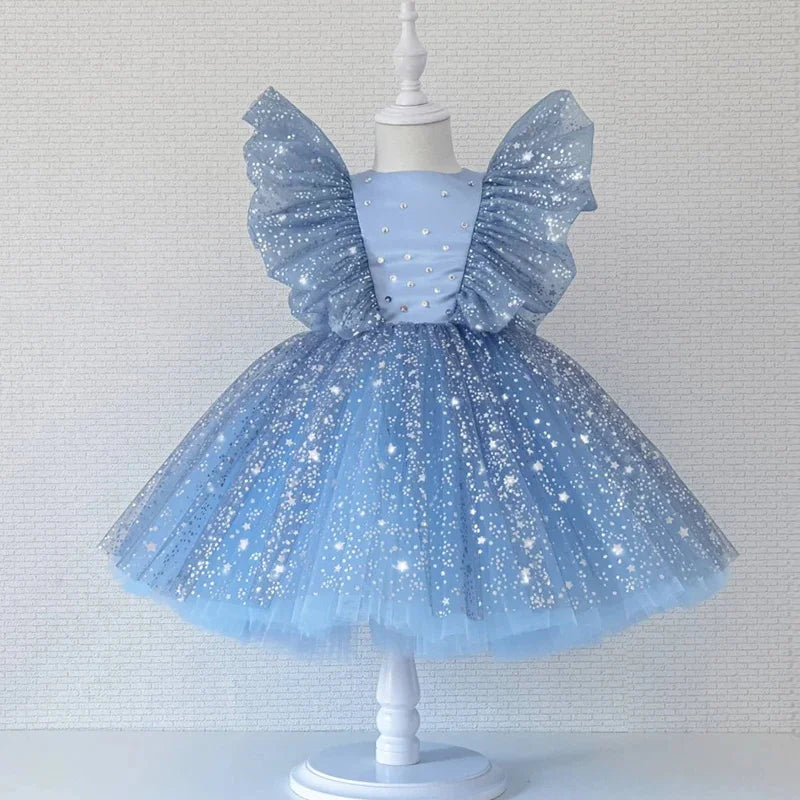 Toddler Baby Girls Luxury Star Sequins Flying Sleeve Bow Princess Dress For Infant 1st Year Birthday Baptism Christmas Prom Gown