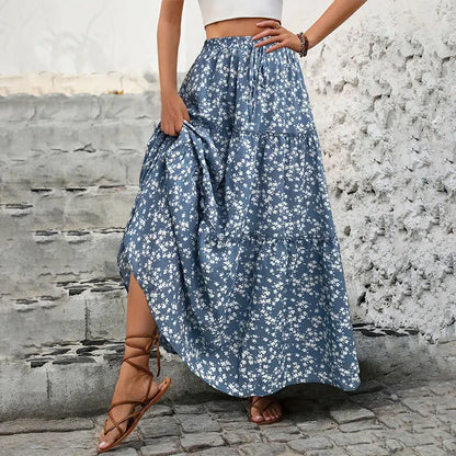 Women High Waist Floral Print A-Line Three Tiered Maxi Skirt Long Ruffle Trim Boho Summer Vacation Holiday Skirt Vestidos