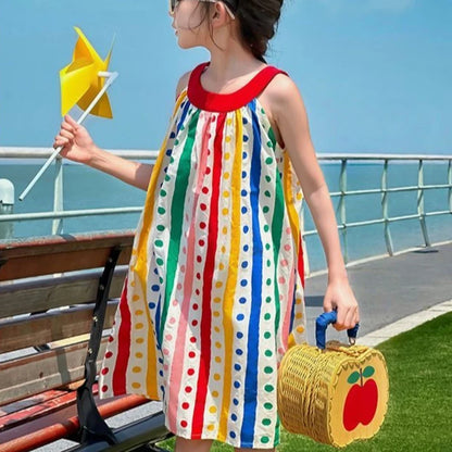 Sleeveless Vest Princess Rainbow Striped Dress Polka Dot Girl Elegant Girls Vintage Children's Clothing Party Junior Girls' Kids