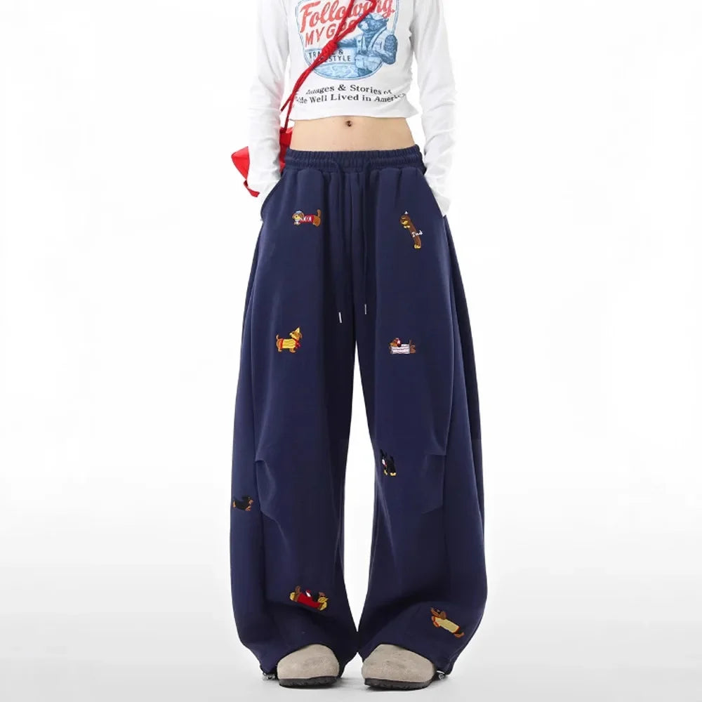 Dachshund Embroidery Sweatpants Loose Casual Joggers Wide Leg Couple Streetwear Fun Fashion Comfortable Pants baggy sweatpants