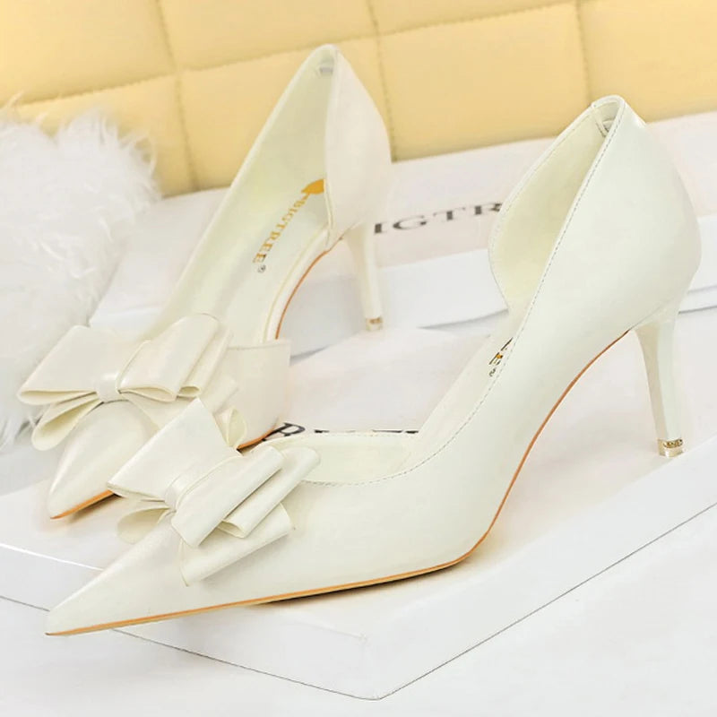 Plus Size 43 Women Classic Pumps High Heels Bowknot Women Pumps Stiletto 7.5 Cm 10 Cm Heels Women Basic Pump Party Shoes Ladies