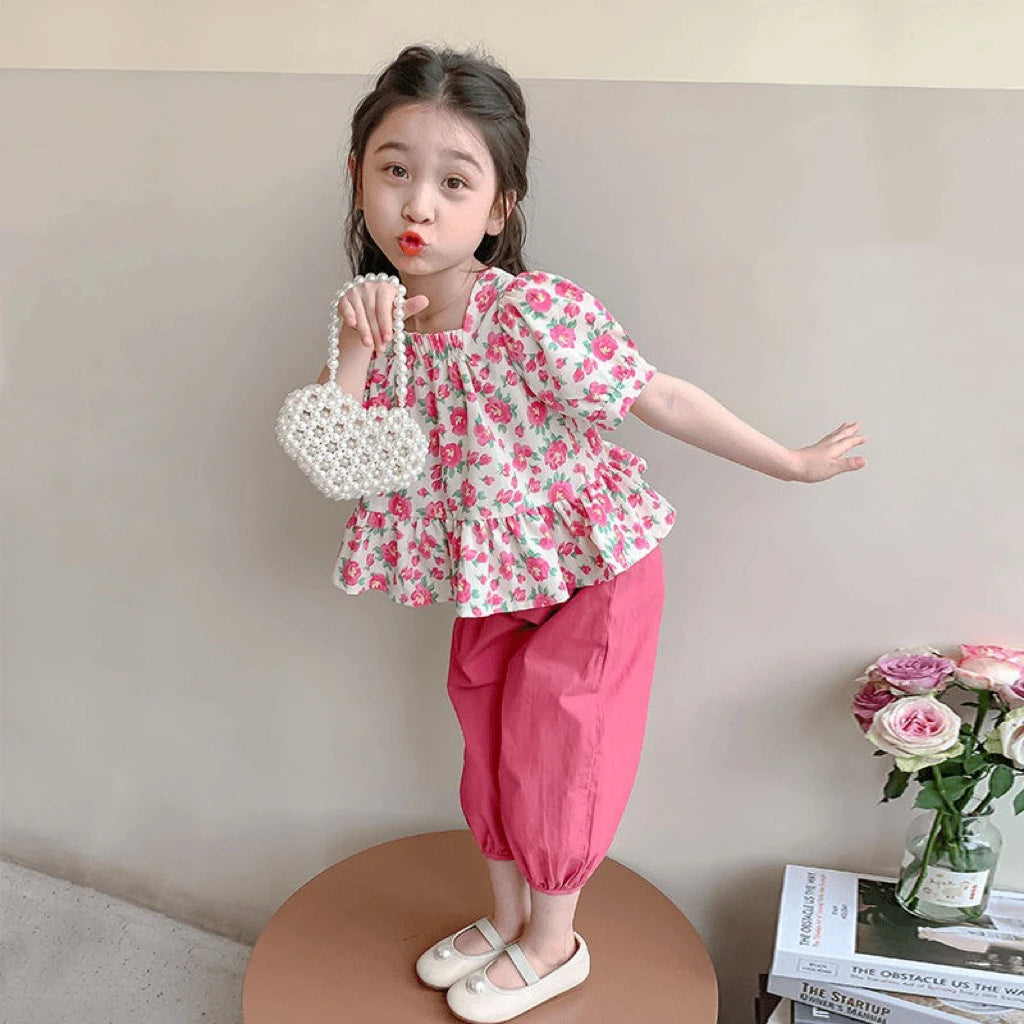 1Sets Girls Floral Print Set Kids Summer Short Sleeve Tops And Long Pants Suit Baby Fashion Costume Cute Children Leisure Sets