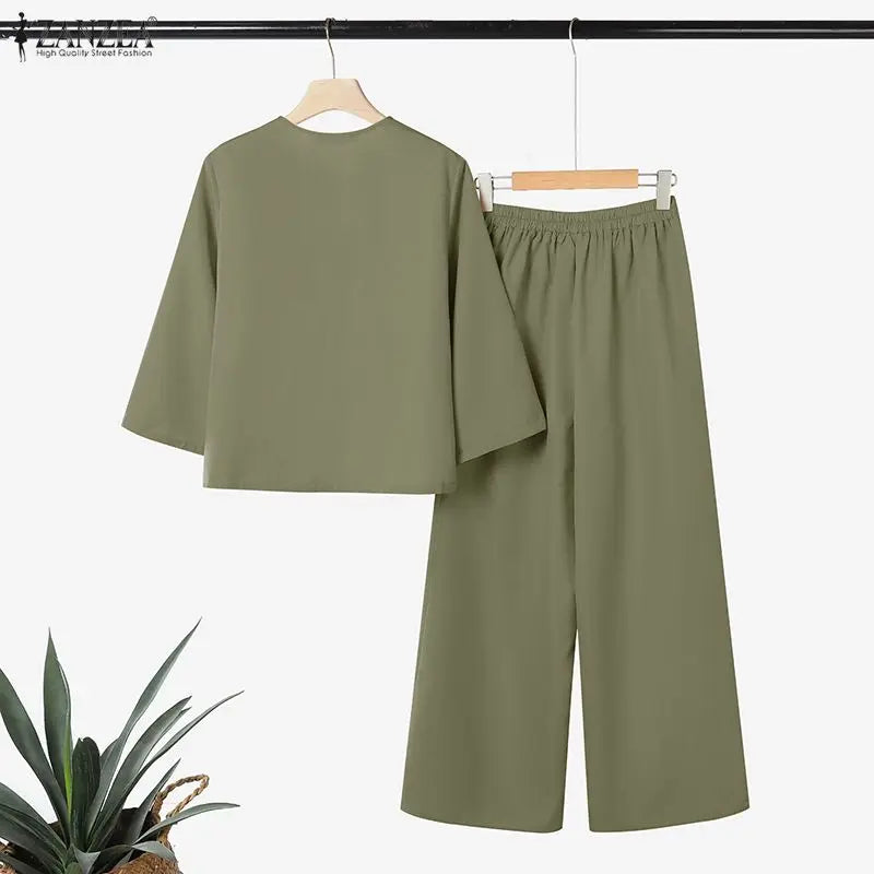 ZANZEA Fashion Women Pant Sets Spring 2 Pieces Sets Outfits 3/4 Sleeve Shirt Wide Leg Trousers Elegant Solid OL Work Tracksuit