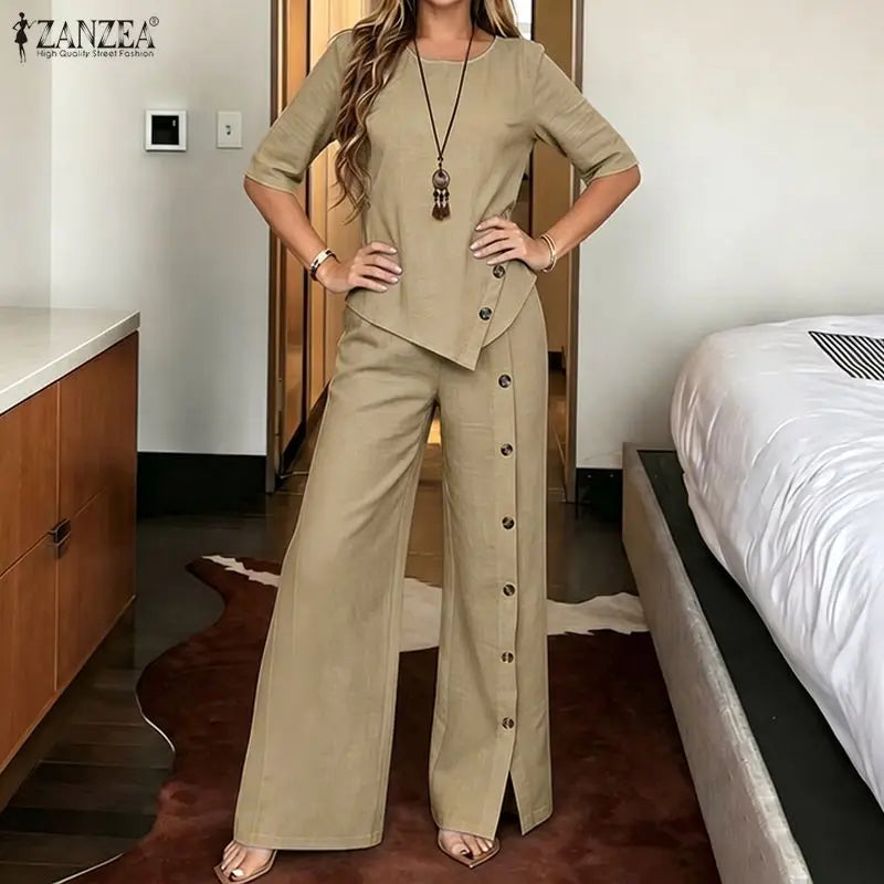 ZANZEA Fashion Summer Half Sleeve Blouse Pant Sets 2026 Women Matching Sets 2PCS OL Work OutfitsAsymmetrical Tops Trousers Suit