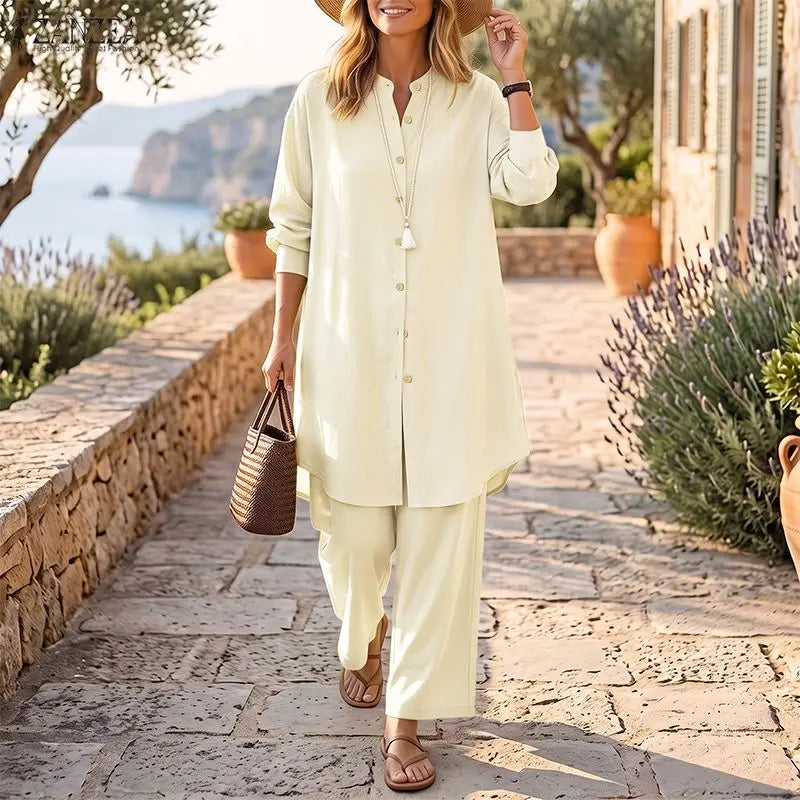 ZANZEA Women Pants Sets Two-piece Outfits Long Sleeve Stand Collar Blouse Wide Leg Pants Vintage Casual Matching Sets Steetwear