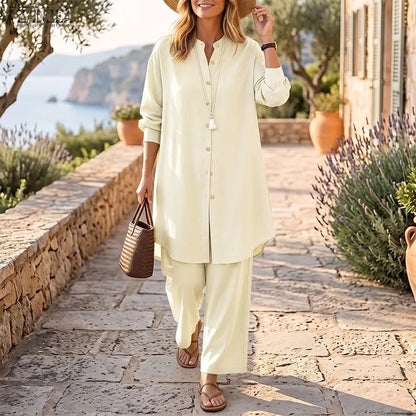 ZANZEA Women Pants Sets Two-piece Outfits Long Sleeve Stand Collar Blouse Wide Leg Pants Vintage Casual Matching Sets Steetwear