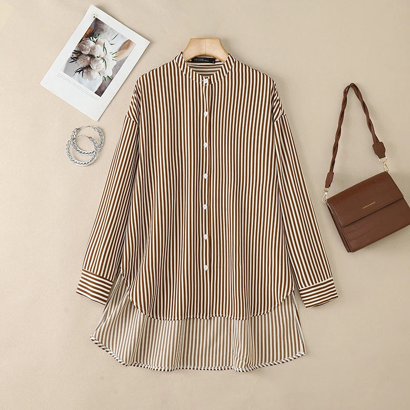 ZANZEA Oversized High-Low Shirts Woman Mandarin Collar Drop-Shoulder Long Sleeve Button Up Blouse Loose Camisas Streetwear 3XL