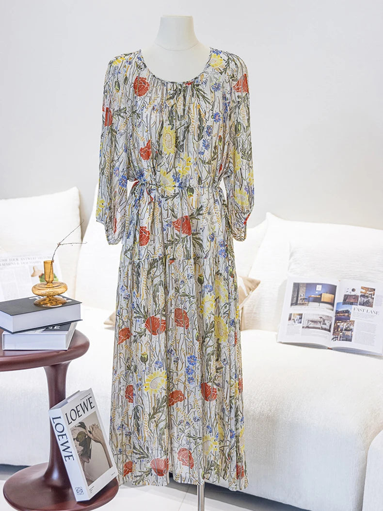 SuyaDream, Women's 100% Mulberry Silk Georgette Two-Piece Set Dress 2026 Summer New Floral Printed, Sheer Long Dress， Beige