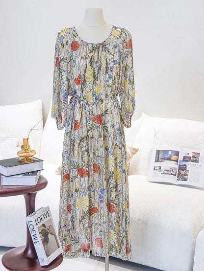 SuyaDream, Women's 100% Mulberry Silk Georgette Two-Piece Set Dress 2026 Summer New Floral Printed, Sheer Long Dress， Beige