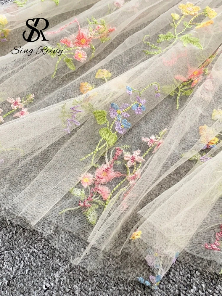 SINGREINY Holiday Floral Embroidery Long Dress 2026 Women O Neck Sleeveless Loose Irregular Summer French Mesh Bohemian Sundress
