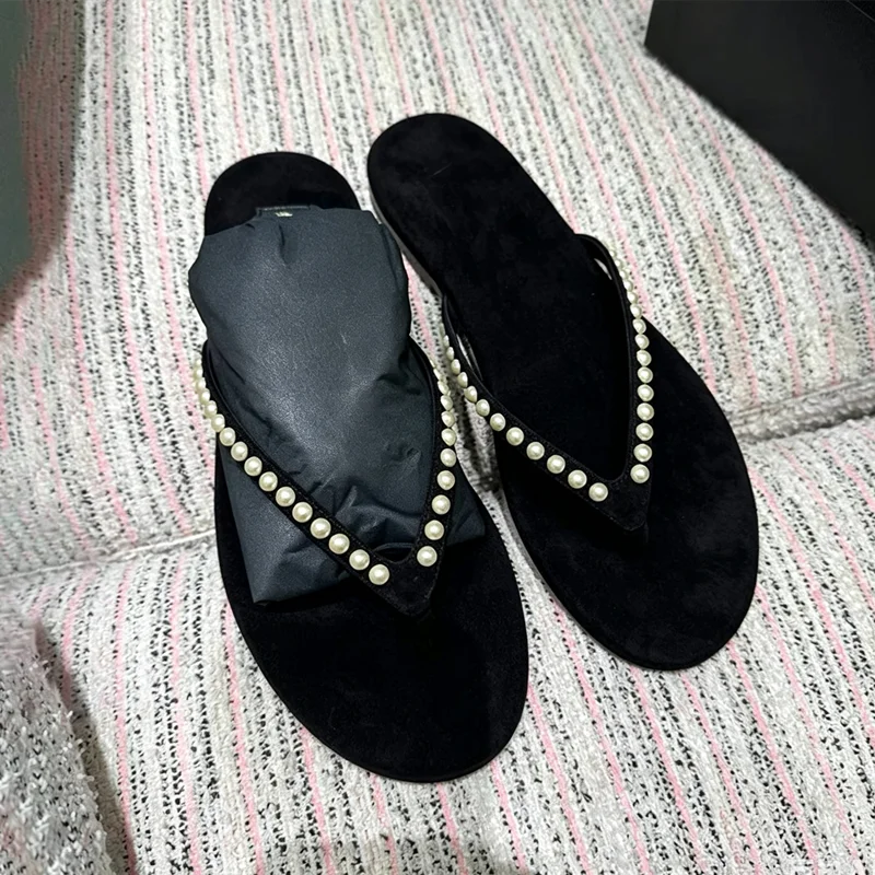 Fashion White String Bead Detail Flip Flops Women Light Comfortable Flat Sandals for Ladies Sexy Cross Strap Summer Beach Shoes