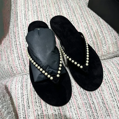 Fashion White String Bead Detail Flip Flops Women Light Comfortable Flat Sandals for Ladies Sexy Cross Strap Summer Beach Shoes
