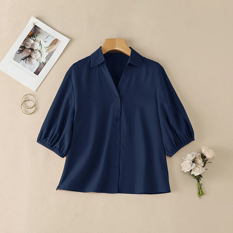ZANZEA 2026 Woman Half Lantern Sleeves Blouses Casual Turn-Down Collar Button Up Shirts Spring Summer Solid Color Commute Tops