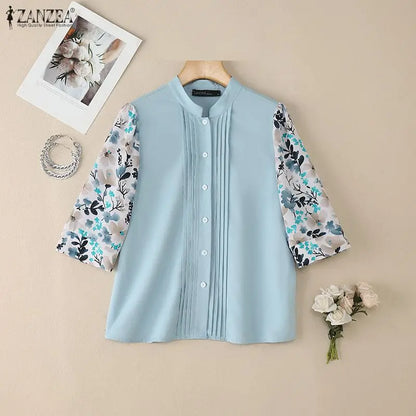 ZANZEA Elegant Floral Printed 3/4 Sleeve Shirts Women Fashion Stand Collar Button Up Pintuck Patchwork Blouses Spring Woman Tops