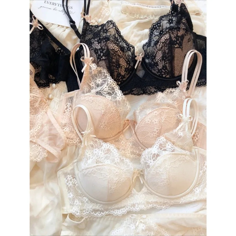 New Women Lingerie Set Sexy Lace Push Up Bra French 3/4 Thin Cup Bralette Cute Bow Decoration Underwear Comfort Bras Briefs Sets