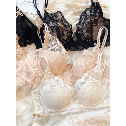 New Women Lingerie Set Sexy Lace Push Up Bra French 3/4 Thin Cup Bralette Cute Bow Decoration Underwear Comfort Bras Briefs Sets