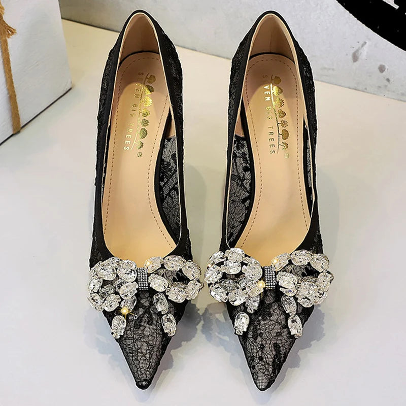 BIGTREE Shoes Women Pumps Black Lace High Heels Sexy Party Shoes 9 cm Stiletto Heels Rhinestone Bowknot Women Heels Plus Size 43