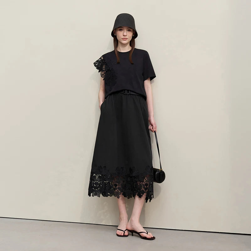 Amii Women's Skirt 2026 Summer New Elastic Waist Cutout Lace Hem Midi Casual Loose Fit Floral Trim Skirt For Women 12622106