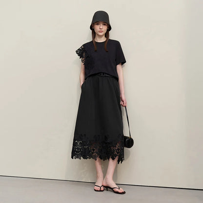 Amii Women's Skirt 2026 Summer New Elastic Waist Cutout Lace Hem Midi Casual Loose Fit Floral Trim Skirt For Women 12622106