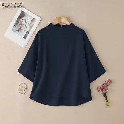 ZANZEA Casual Style High Low Blouses Women 2026 Spring Drop-Shoulder 3/4 Sleeve Stand Collar Solid Tops Fashion Woman Clothes