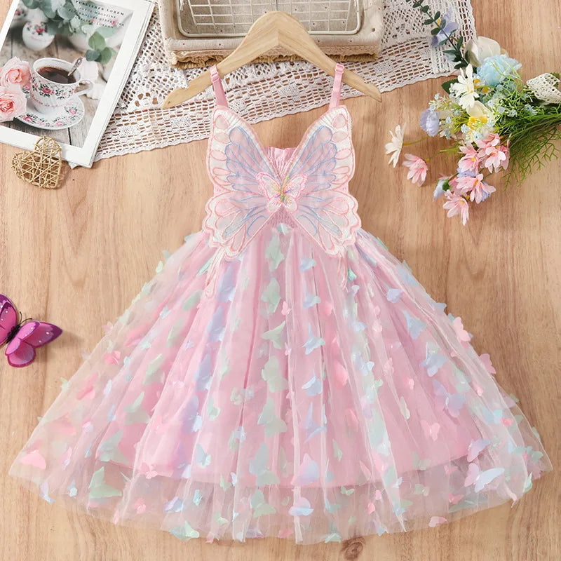 2024 Girls Purple Butterfly Dress Summer Children Colorful Mesh Dress Baby Sling Wings Princess Dress for Birthday 3-8T