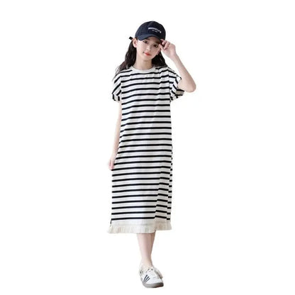 Casual Dress Short Sleeve Striped T-shirt Skirt Sunday Luxury Girl Frock for Girls 2025 Summer Clothes Girls' Beach Dresses Kids