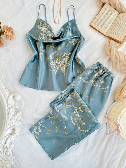 Women Cherry Print Satin Pajama Set Cowl Neck Spaghetti Strap Cami Top Long Pants 2 Piece Elegant Sleepwear Ladies Loungewear