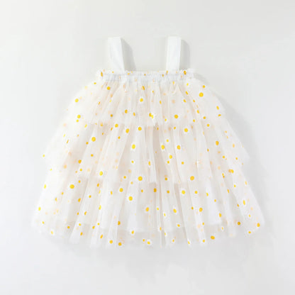 Infant Baby Girl Summer Tulle Dress 0-5T Daisy Print Tiered Cake Skirt Spaghetti Strap Princess Girl Party Dress