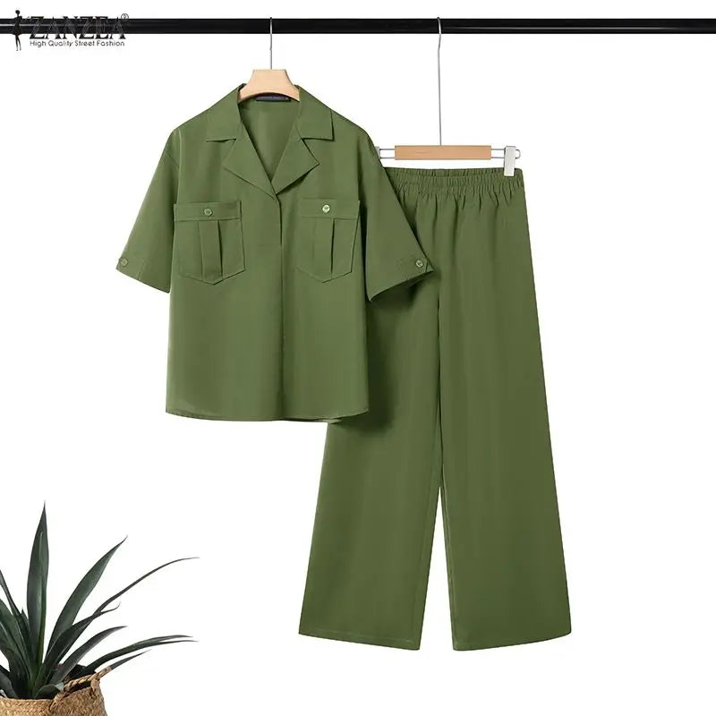 ZANZEA Women's Casual Pant Sets 2026 Summer Loose Half Sleeve Collared Blouses and Wide Leg Pants 2pcs Suits Woman Outfit S-3XL
