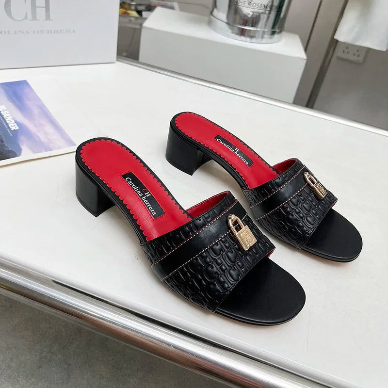 Women's Luxury Black Red Mule Sandals CH Brand Embossed Leather Upper Metal Lock Buckle Design Block Heel Slides for Daily Wear