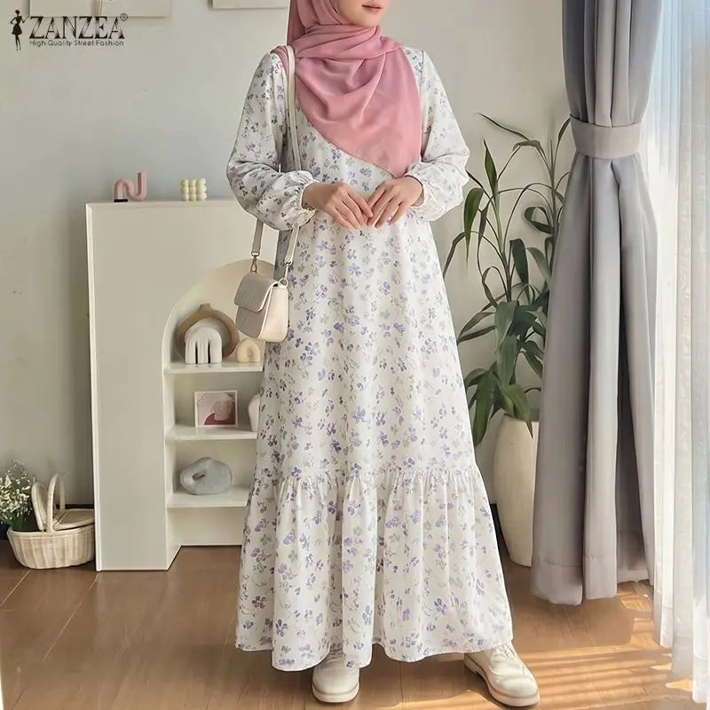 Women Bohemain Printed Maxi Dress ZANZEA Elegant Muslim Abaya Casual Long Sleeve Floral Sundress Kaftan Robe Femme Hijab Vestido