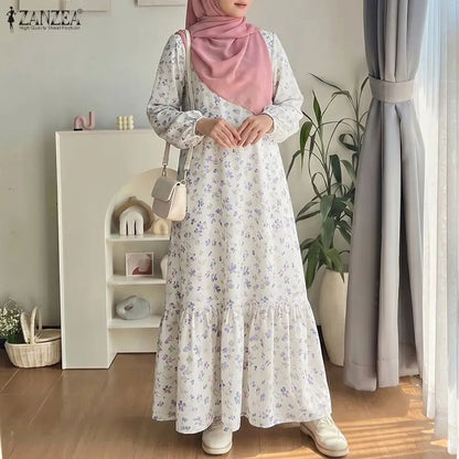 Women Bohemain Printed Maxi Dress ZANZEA Elegant Muslim Abaya Casual Long Sleeve Floral Sundress Kaftan Robe Femme Hijab Vestido