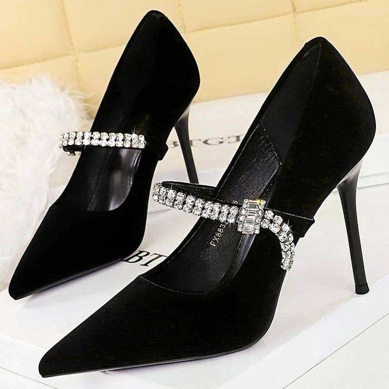 New Luxury Women Pumps Rhinestone Design High Heels Ladies Shoes Suede Female Heels 10 cm Stiletto Pumps Fashion Banquet Shoes