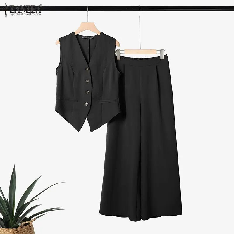2026 ZANZEA Elegant Sleeveless Tank Tops Wide Leg Pant Sets Summer Women 2 Pieces Sets Elegant Solid OL Work Outfits Tracksuit