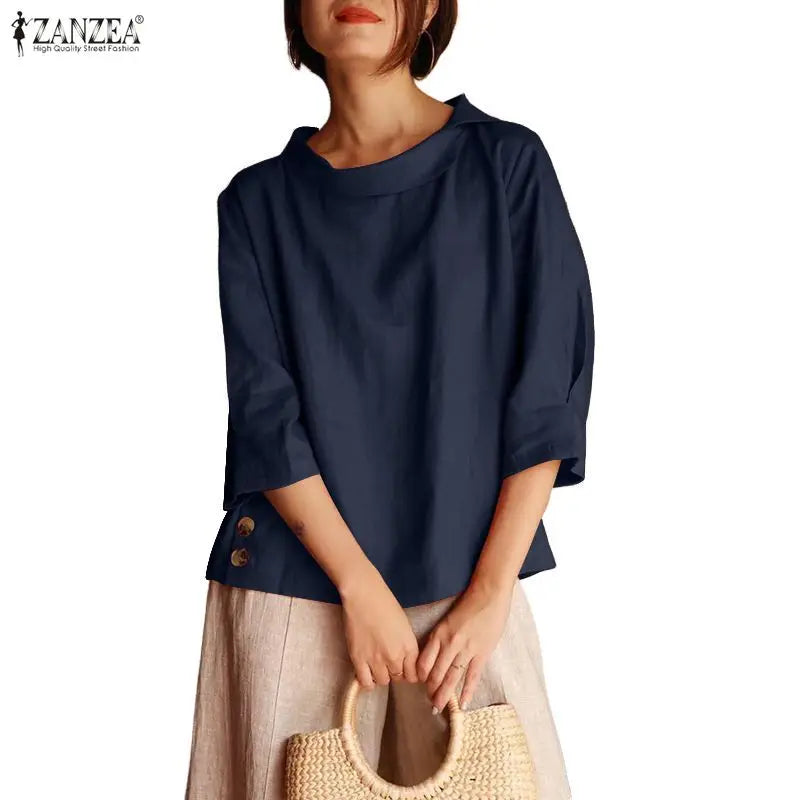 ZANZEA Woman Summer Blouses Irregular Turn-Down Collar 3/4 Sleeve Solid Color Tops Spring Summer Loose Casual Blusas de Mujer