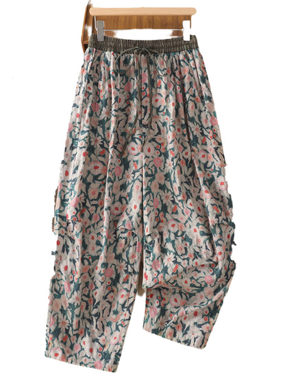 Retro Print Linen Harlan Pants Women Summer Thin Loose Color Block Drawstring High Waist Slimming Casual Cotton Linen Carrot ...