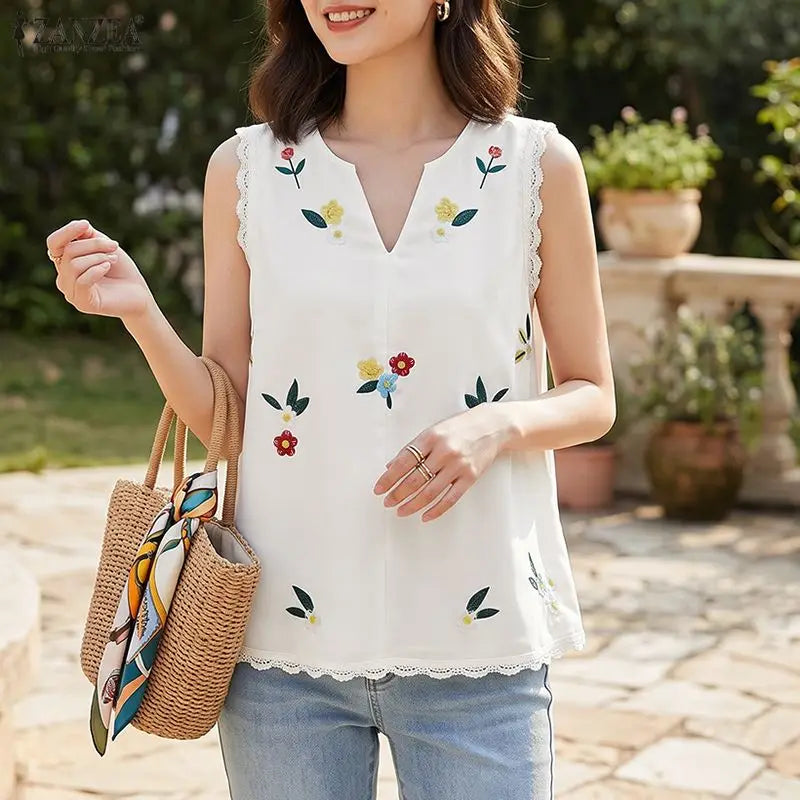 ZANZEA Woman Summer Floral Prints Tank Tops V-Neck Lace Trim A-Line Sleeveless Tops Casual Vacation Beach Blouses 2026 New