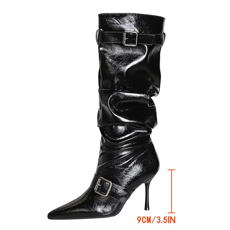BIGTREE Shoes Sexy Stiletto Women Knee High Boots Pointed High-heeled Boots Belt Buckle Design Long Boots Pleated Leather Boots